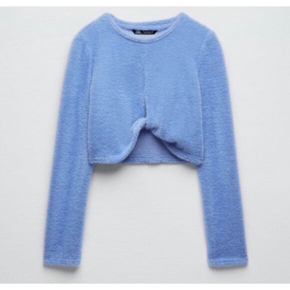 NWT Zara Blue Cut Out Twist Front Soft Fuzzy Crop Top Sweater, Size XS - Picture 9 of 16